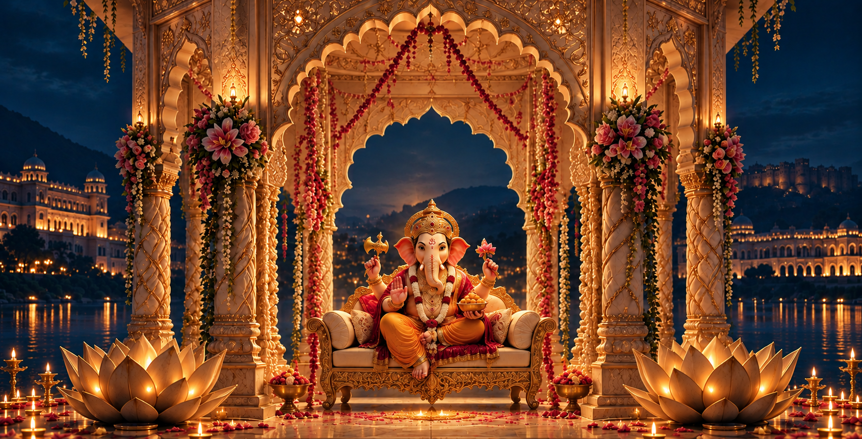Lord Ganesha enthroned in a golden mandap2, opening the invitation